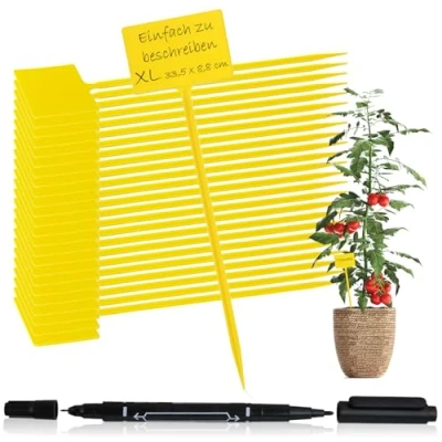 Abbildung von com four® 25x Pflanzschilder mit Dual Tip Marker Steck Etiketten für Balkon, Garten Pflanzenstecker zum Beschriften Anzuchtstecker Beete und Pflanzkübel 33,5 cm (25 Stück gelb 33.5cm)