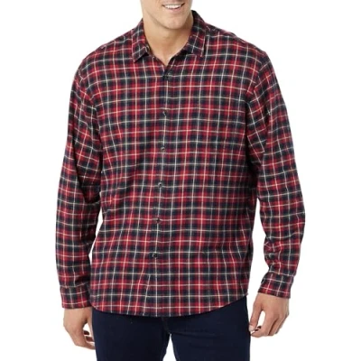 Abbildung von Amazon Essentials Herren Langarmhemd aus Flanell (in Übergröße erhältlich), Dunkelrot Karomuster, M