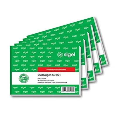 Abbildung von SIGEL SD021 Quittungsblock A6 quer, 5 Stück, 2x40 Blatt, selbstdurchschreibend, Standardquittung, mit 1 Durchschlag, mikroperforiert, aus nachhaltigem Papier