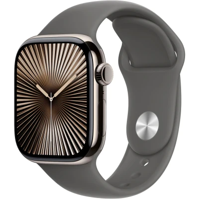 Abbildung von Apple Watch Series 10 4G 42mm Natural Titanium (Graues Gummi Armband S/M)