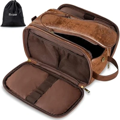 Abbildung von Elviros Kulturbeutel PU Leder für Herren große wasserdichte Reise Kulturtasche Waschtasche im Bade Kosmetiktasche mit einem Nass Trockenbeutel, Dunkel Braun