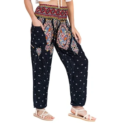 Abbildung von Lofbaz Damen Haremshose Yogahose Pumphose Hippie Hose Boho Kleidung Festival Outfit Sommerhose Leicht Sommer Hosen Floral 3 Schwarz XL