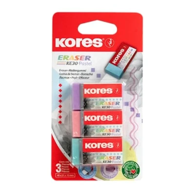 Abbildung von Kores KE 30 Pastell: PVC Radiergummis mit Papierhülle für Kinder, Studenten und Erwachsene, ungiftig kinderfreundlich, Schul Bürobedarf, 40x21x10 mm, 3 Stück in pastellfarben sortiert, 40315