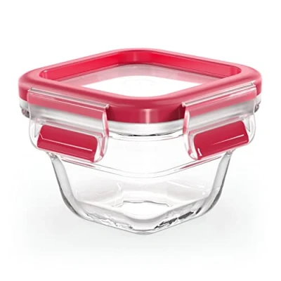 Abbildung von Emsa N10413 Clip &amp; Close Glas Frischhaltedose quadratisch 0,18 L stapelbar gefrierfest backofenfest mikrowellenfest rutschfestes Stapeln 100% dicht spülmaschinenfest Transparent/Rot