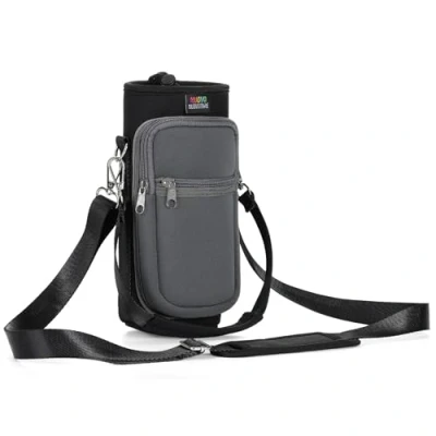Abbildung von Nuovoware Flaschenhalter Trinkflasche Molle Beutel 25oz/710ml, Isolierte Neopren Kessel mit Schultergurt und Front Reißverschluss Tasche für Wandern Laufen Radfahren Jagd Reisen, Schwarz/Grau