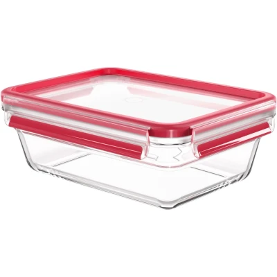 Abbildung von Emsa N10410 Clip &amp; Close Glas Frischhaltedose 1,3 L stapelbar gefrierfest backofenfest mikrowellenfest rutschfestes Stapeln 100% dicht spülmaschinenfest Transparent/Rot