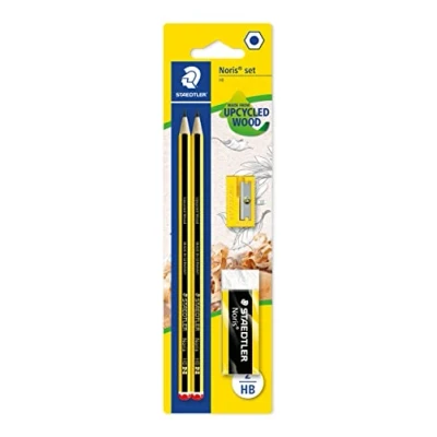 Abbildung von STAEDTLER Bleistifte Set Noris 120, Made from Upcycled Wood, Härtegrad HB, 2 x Bleistifte, 1 Radierer und Spitzer, hohe Qualität in Germany, 120 SBK