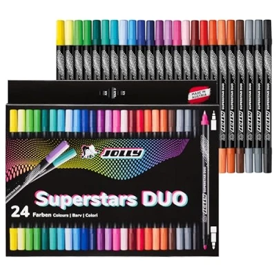 Abbildung von JOLLY Next Generation Superstars Duo Filzstifte, Hochwertige auswaschbare Fasermaler mit zwei Spitzen, Schreibspitze und dicke Spitze, Schwarzes Design, 24 Farben