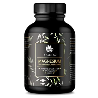 Abbildung von Luondu Magnesiumcitrat 375 Kapseln hochdosiert 2250mg davon 360mg elementares Magnesium pro Tagesdosis I Citrat Vegan ohne Zusatzstoffe hergestellt in DE
