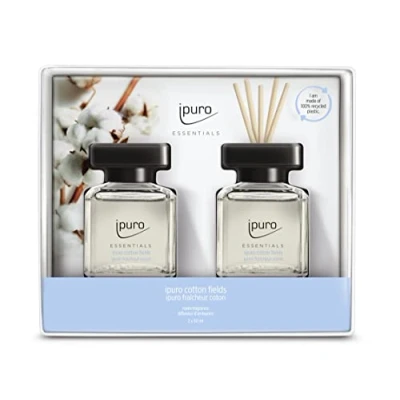 Abbildung von ipuro Essentials Raumduft COTTON FIELDS 2x50ml Raumerfrischer mit Sternanis, Vanilleblume &amp; Geranie, Rose, Veilchen, Zedernholz Duft Aroma Diffuser Stäbchen Lufterfrischer für die Wohnung