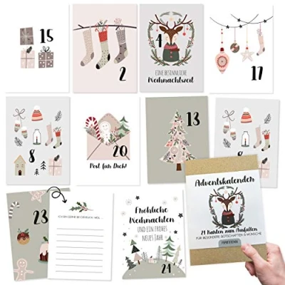 Abbildung von Papierdrachen Adventskalender 2024 zum Basteln u. Verschenken 24 Postkarten Gestalten Geschenkidee in der Vorweihnachtszeit für Frauen Männer mit liebevollen Motiven Aufhängen Hygge