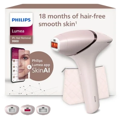 Abbildung von Philips Lumea 9900 Series, IPL Haarentfernungsgerät, Alternative zur Laserhaarentfernung, SenseIQ und SkinAI, 3 Aufsätze für Körper, Gesicht Präzisionsbereiche, Akku Netzbetrieb, BRI953/02