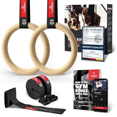 Abbildung von BeMaxx Turnringe Holz Gym Rings + Türanker &amp; Trainings eBook Olympische Gymnastik Holzturnringe Gurte Markierungen Turnerringe Gymnastikringe Fitness Ringe Workout Sport Männer Frauen