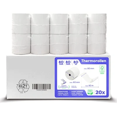 Abbildung von SWIPARO Thermorollen 80mm x 80m 12mm Kassenrollen Bonrollen zertifiziert für Registrierkasse mit Bondrucker Thermopapier 80x80x12 (20 Rollen)