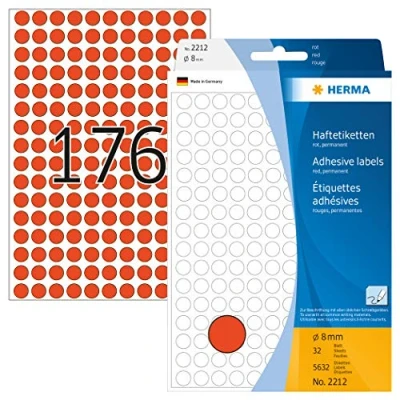 Abbildung von HERMA 2212 Punktaufkleber Klebepunkte rot, 5632 Stück, Ø 8 mm, 176 pro Bogen, selbstklebend, Markierungspunkte für Kalender Planer Basteln, matt, blanko Papier Farbpunkte Aufkleber