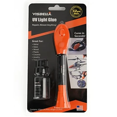 Abbildung von Visbella UV Kleber mit Lampe Set, Reparatursystem lichthärtendem Klebstoff Kleber, für Glas, Metall, Holz, Leder und Plastik, verbinden, fixieren, modellieren, reparieren (4+8g)