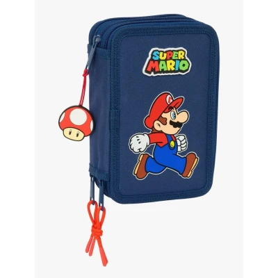 Abbildung von SUPER MARIO TRICK Schulmäppchen mit 37 Utensilien, Kindermäppchen, ideal für Kinder von 5 bis 14 Jahren, bequem und vielseitig, Qualität Widerstandsfähigkeit, 12,5 x 5,5 19,5 cm, Dunkelblau/Rot,