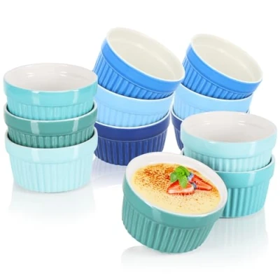 Abbildung von COM FOUR® 12x Soufflé Förmchen Creme Brulee Schälchen aus Keramik Ofenfeste Dessertschale und Pastetenförmchen für z.B. Ragout Fin je 200 ml in verschiedenen Grün Blautönen
