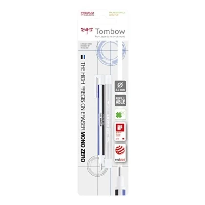 Abbildung von Tombow EHR KUR Präzisionsradierer MONO zero und Nachfüllung runde Spitze, 2.3 mm Durchmesser, weiß/blau/schwarz