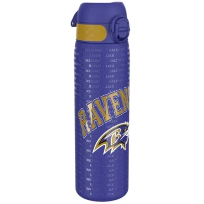 Abbildung von Ion8 Stahl Trinkflasche, 600 ml, Auslaufsicher, Einhandöffnung, Sichere Verriegelung, Spülmaschinenfest, Klappdeckel, Tragegriff, Leicht zu Reinigen, Langlebig, NFL Ravens Design