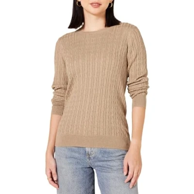 Abbildung von Amazon Essentials Damen Leichter Langarm Pullover Mit Rundhalsausschnitt Zopfmuster (Erhältlich In Übergröße), Kamelbraun Meliert, S