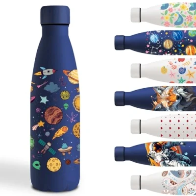 Abbildung von Trinkflasche 500ml, Edelstahl, für Kohlensäurehaltige Getränke, Isolierflasche Doppelwandige, Personalisiert mit Rakete, Thermosflasche Schule, Camping