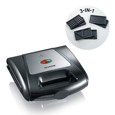 Abbildung von SEVERIN 3in1 Sandwichmaker Toaster, auswechselbare Platten: Brüsseler Waffeleisen, Grillplatten, Sandwich Toasts, antihaftbeschichtet, 1.000 W, Edelstahl gebürstet schwarz, SA 2968, 2739 Jahre vor Ort Garantie