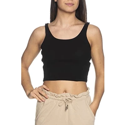 Abbildung von ONLY Damen Geripptes Crop Top Kurzes Sleeveless Rundhals Oberteil Bauchfrei Einfarbig ONLNESSA, Farben:Schwarz, Größe:L