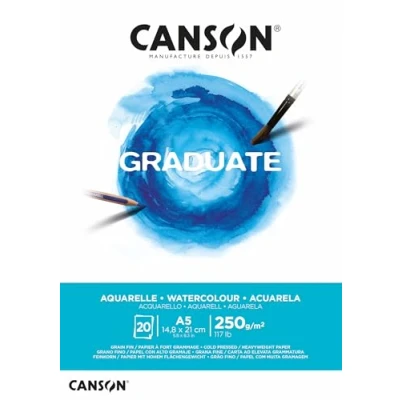 Abbildung von CANSON Graduate Aquarellpapier, 250 g/m², A5, kaltgepresst, Block geklebt, kurze Seite, 20 naturweiße Blätter, ideal für Studentenkünstler