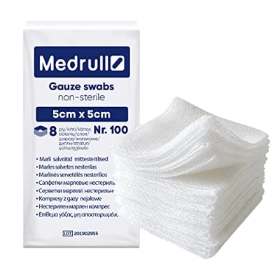 Abbildung von Medrull Nicht Sterile Wundauflagen 8 lagig Kompressen 5cm x 100% Baumwolle, sehr weiches, saugfähige Mull Medizinische Qualität 100er Pack