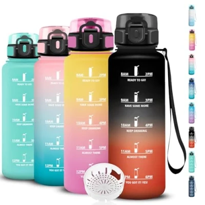 Abbildung von Trinkflasche 1.5l, Sport, Erwachsene, Auslaufsicher, mit Zeitmarkierung, Filter, Leicht zu Reinigen, Flasche für Fitness, Schule, Reisen, Gym