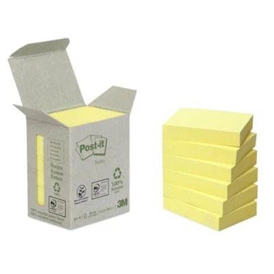 Abbildung von Post it Recycling Notes Mini Tower, 38 x 51 mm, 100 Blatt, 6 Block, Pastellgelb in Weiteren Farben Verfügbar Selbstklebende Notizzettel aus 100% Recyclingpapier