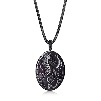 Abbildung von COAI Geschenkideen Halskette mit Anhänger Drache Gravur aus Obsidian Kette Verstellbar