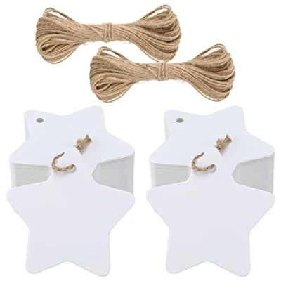 Abbildung von Geschenkanhänger Weihnachten Stern Anhänger Kraftpapier Etiketten, 100 Stück Weiß Tags mit Jute Schnur, für Weihnachtsgeschenke Dekoration