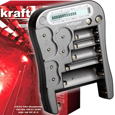 Abbildung von kraftmax Batterietester V2 Professional Universal Batterie und Akku Testgerät mit LCD Display Knopfzellen Test NEUSTE Version