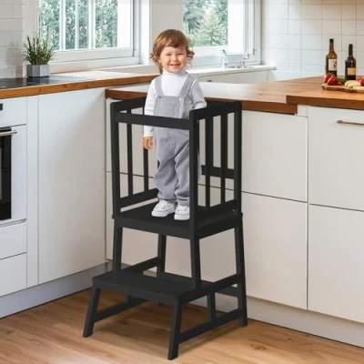Abbildung von COSYLAND Lernturm ab 1 Jahr Stylisch Learning Tower Massiv Montessori Kinder Patented Design Kitchen Helper Anti Tip Lernstuhl Turm Schwarz