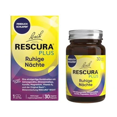 Abbildung von Bachblüten Original Bach RESCURA PLUS ruhige Nächte 30 vegane Kapseln Bachblütenmischung mit Ashwagandha und B Vitaminen für Friedlich schlafen ehemals Rescue