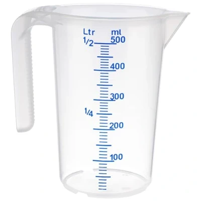 Abbildung von APS Messbecher 0,5 Liter, Ø 9 x H: 14 cm, Kunststoffbecher mit geprägter Maßskalierung außen, offener Griff, l /ml Einteilung, spülmaschinengeeignet