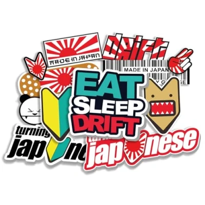 Abbildung von Finest Folia JDM Aufkleber Set für Auto Motorrad Helm Japan Stickerbomb japanische OEM Sticker Tuning Autoaufkleber Folie selbstklebend wetterfest R207 (Stickerbogen 1, Ohne Hologramm Effekt)