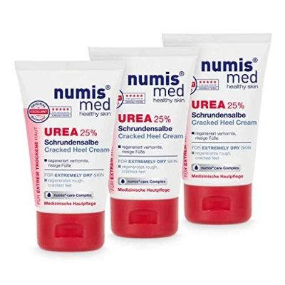 Abbildung von numis med Schrundensalbe mit 25% Urea 3er Pack Hautberuhigende Schrunden Fusscreme für sehr rissige &amp; stark verhornte Füße vegane Hautpflege ohne Silikone Parabene Fußpflege (3x 50 ml)