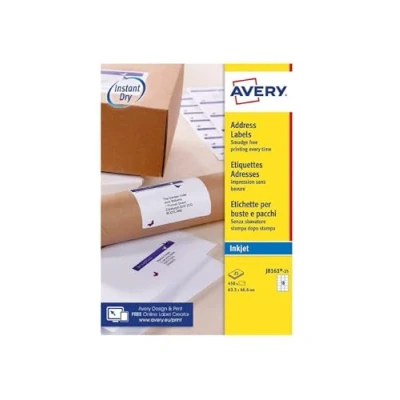 Abbildung von AVERY Zweckform schnelltrocknende Adressetiketten für Tintenstrahldrucker 18 pro Blatt 63,5 x 46,6 mm 450 Etiketten weiß