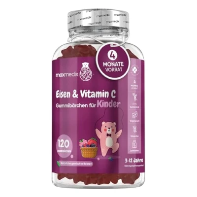 Abbildung von Eisen &amp; Vitamin C für Kinder 120 vegane Gummibärchen 7mg Iron 10mg 4 Monate Vorrat mit Beerengeschmack Energie, Immunsystem, Knochen Zähne (EFSA) maxmedix
