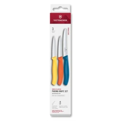 Abbildung von Victorinox Swiss Classic Küchenmesser Set, 3teilig, Gemüse , Tomaten und Frühstücksmesser, Scharfe Klinge, Rostfreier Stahl, Gelb/Orange/Blau