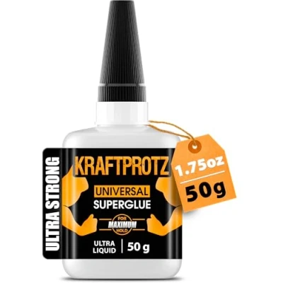 Abbildung von 50 g Sekundenkleber extra stark Inkl. Anti Austrocknungs Spitze KRAFTPROTZ Dünnflüssiger Superkleber Universell verwendbar zum Kleben von Plastik, Kunststoff, Glas, Holz, Stein, Metall uvm.