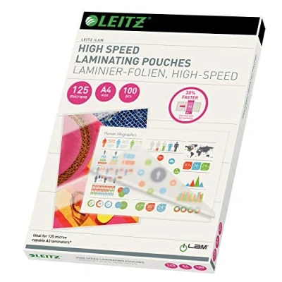 Abbildung von Leitz Heißlaminierfolien Speed A4 125 mic, Laminierfolien für 30% schnelleres Laminieren in Premium Qualität im 100er Pack, Glänzend, Transparent, iLAM, 74810000