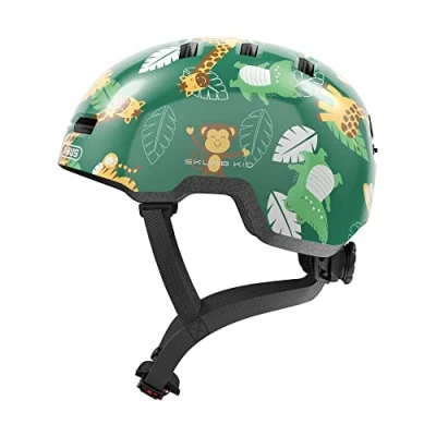 Abbildung von ABUS Kinderhelm Skurb Kid robuster Fahrradhelm im Skater Look mit Platz für einen Zopf und vielfältigen Designs Mädchen Jungen Grün Junglemuster, Größe S