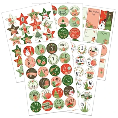 Abbildung von Papierdrachen Geschenkset Adventskalender Zahlenaufkleber Motiv Rot Grün mit extra Stickern für Geschenke zum Basteln von Weihnachtskalendern und Geschenken
