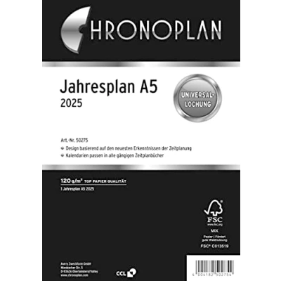 Abbildung von Chronoplan 50275 Kalendereinlage 2025 (Jahresplan A5 (148x210mm) Ersatzkalendarium für Terminplaner, übersichtliche Jahresplanung, 1 Monat auf Seite zum Aufklappen mit Leporello Falzung) weiß