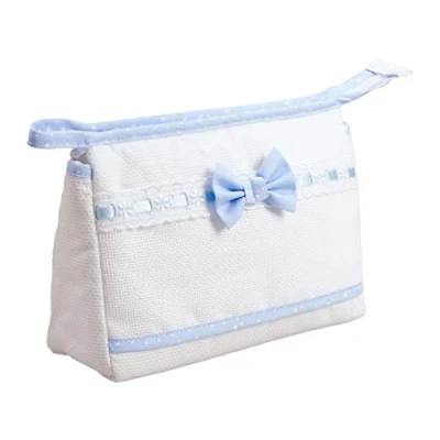Abbildung von Filet Reisetasche mit Reißverschluss, Aida Canvas Stickerei Tasche, Beauty Product Organiser, 100% Made in Italy, Maße 24 x 16 6 cm, Farbe Weiß und Blau