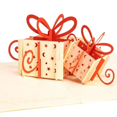 Abbildung von LIMAH® Pop Up Weihnachtskarte, X Mas Karte, mit zwei 3D Weihnachtsgeschenken und Merry Christmas Aufschrift. Glückwunschkarte, Freundschaftskarte, Geschenkkarte, Überraschungskarte